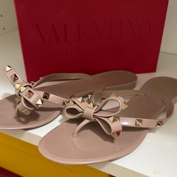 Valentino Shoes - Valentino Nude Bow Jelly Thong Sandals with Gold Rockstuds